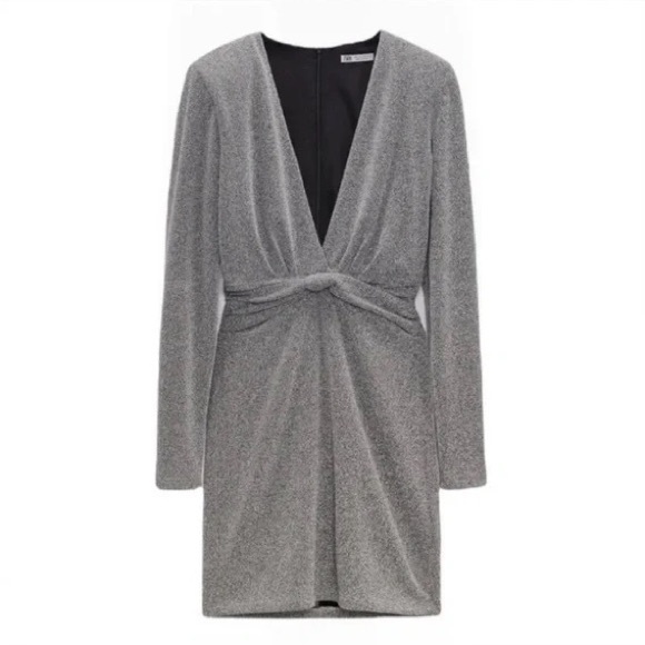 Zara Silver Glittery Knot Front Shoulder Padded Cocktail Holiday Dress NWOT - Picture 2 of 10